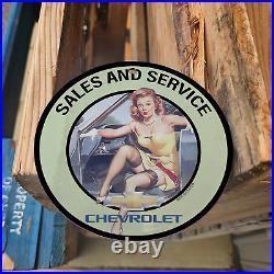 Vintage 1934 Chevrolet Sales And Service Porcelain Gas Oil 4.5 Antique Sign