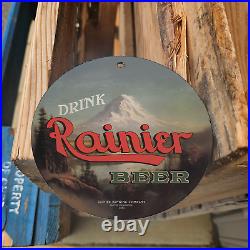 Vintage 1934 Drink Rainier Beer Porcelain Gas Oil 4.5 Sign