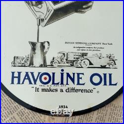 Vintage 1934 Havoline Oil Refining Company 12 Inch Porcelain Enamel Sign