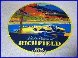 Vintage 1934 Richfield Antique Car 11 3/4 Porcelain Metal Gasoline & Oil Sign