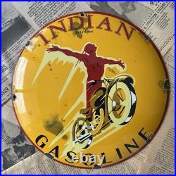 Vintage 1936 Indian Gasoline 12 Inch Convex Porcelain Enamel Sign