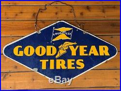 Vintage 1939 Goodyear Tires Porcelain Sign Double Sided 36x20 Garage Shop Sign