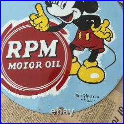 Vintage 1939 RPM Motor Oil Disney Mickey Mouse 8x12 Inches Porcelain Enamel Sign
