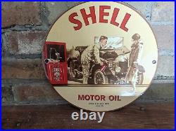 Vintage 1939 Shell Motor Oil Porcelain Metal Gas Pump Sign Gasoline 10