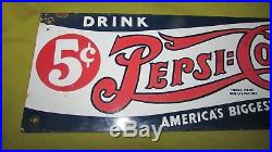 Vintage 1940's Pepsi-Cola Double Dot Porcelain Advertising Sign, 6x18, Very Nice
