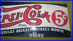 Vintage 1940's Pepsi-Cola Double Dot Porcelain Advertising Sign, 6x18, Very Nice