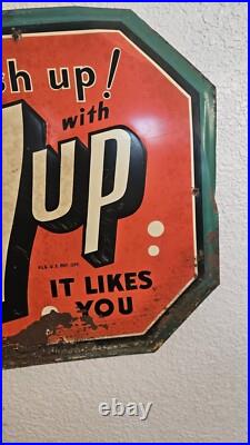 Vintage 1940s Rare 14 Octagon 7up Sign! Fresh Up 7up Likes You Rare. Original