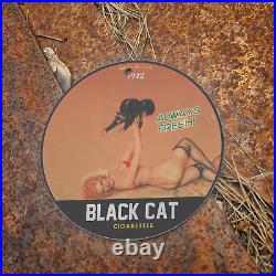 Vintage 1942 Black Cat Cigarettes Porcelain Gas Oil 4.5 Sign