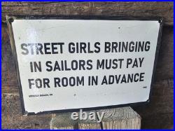 Vintage 1942 Sailor Porcelain Sign Old Hotel Virginia Beach Street Girls Brothel