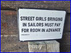 Vintage 1942 Sailor Porcelain Sign Old Hotel Virginia Beach Street Girls Brothel