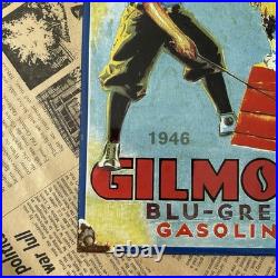 Vintage 1946 Gilmore Blu-green Gasoline 8x12 Inches Porcelain Enamel Sign