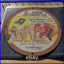 Vintage 1947 Frankfurt Swift's Premium Sausages Porcelain Gas & Oil Metal Sign