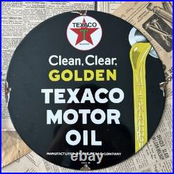 Vintage 1948 Texaco Motor Oil Clean Clear Golden 12 Inch Porcelain Enamel Sign