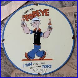 Vintage 1949 Drink Popeye Soda Advertising 12 Inch Porcelain Enamel Sign