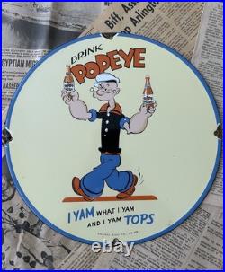 Vintage 1949 Drink Popeye Soda Advertising 12 Inch Porcelain Enamel Sign