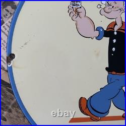 Vintage 1949 Drink Popeye Soda Advertising 12 Inch Porcelain Enamel Sign