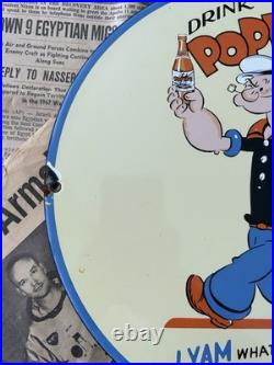 Vintage 1949 Drink Popeye Soda Advertising 12 Inch Porcelain Enamel Sign