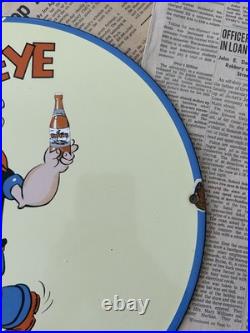 Vintage 1949 Drink Popeye Soda Advertising 12 Inch Porcelain Enamel Sign