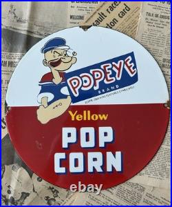 Vintage 1949 Popeye Brand Yellow Pop Corn 12 Inch Porcelain Enamel Sign