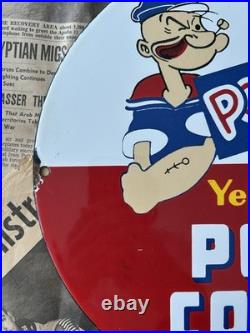 Vintage 1949 Popeye Brand Yellow Pop Corn 12 Inch Porcelain Enamel Sign