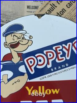 Vintage 1949 Popeye Brand Yellow Pop Corn 12 Inch Porcelain Enamel Sign