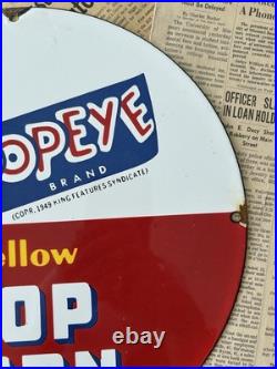 Vintage 1949 Popeye Brand Yellow Pop Corn 12 Inch Porcelain Enamel Sign
