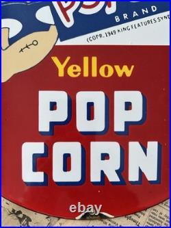 Vintage 1949 Popeye Brand Yellow Pop Corn 12 Inch Porcelain Enamel Sign