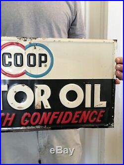 Vintage 1950's Coop Co Op Motor Oil Gas Feed Seed Farm 20 Embossed Metal Sign