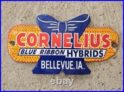 Vintage 1950's Cornelius Blue Ribbon Hybrid Porcelain Sign, Bellevue, Ia