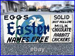 Vintage 1950's Easter Wooden Advertising Sign Rabbits Eggs Folk Art Aafa Chicken