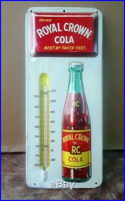Vintage 1950's RC Royal Crown Cola Soda Pop Embossed Metal Thermometer Sign Nice