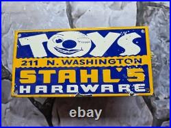 Vintage 1950's Toys Porcelain Sign Stahl's Hardware 10×5