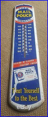 Vintage 1950s, 1960s Chew Mail Pouch Tobacco Metal Advertising Thermometer Sign
