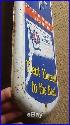 Vintage 1950s, 1960s Chew Mail Pouch Tobacco Metal Advertising Thermometer Sign