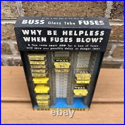 Vintage 1950s BUSS FUSES AUTO DISPLAY Sign with Individual FULL Fuse Packs Gas Oil