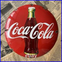 Vintage 1950s Coca Cola 12 Inch Convex Porcelain Enamel Sign