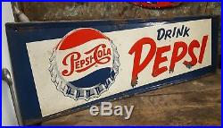Vintage 1950s Pepsi Cola Soda Bottle Cap Gas Station Embossed Advertising Sign