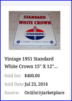 Vintage 1951 Standard White Crown Gasoline Porcelain Metal Oil Sign / Pump Plate