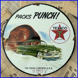 Vintage 1951 Texaco Packs Punch Oil Company 12 Inch Porcelain Enamel Sign