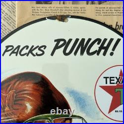 Vintage 1951 Texaco Packs Punch Oil Company 12 Inch Porcelain Enamel Sign