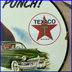 Vintage 1951 Texaco Packs Punch Oil Company 12 Inch Porcelain Enamel Sign