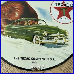 Vintage 1951 Texaco Packs Punch Oil Company 12 Inch Porcelain Enamel Sign