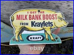 Vintage 1953 Kraft Porcelain Sign Dairy Pig Farm Milk Bank Gas Oil Kraylets Barn