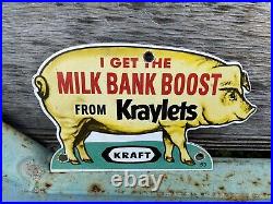 Vintage 1953 Kraft Porcelain Sign Dairy Pig Farm Milk Bank Gas Oil Kraylets Barn