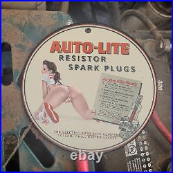 Vintage 1954 Auto-lite Resistor Spark Plugs Porcelain Gas Oil 4.5 Sign