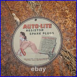 Vintage 1954 Auto-lite Resistor Spark Plugs Porcelain Gas Oil 4.5 Sign