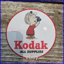 Vintage 1955 Kodak Supplies Charlie Brown Porcelain Gas Oil 4.5 Sign