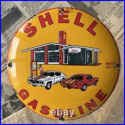 Vintage 1955 Shell Gasoline Station 12 Inch Convex Porcelain Enamel Sign