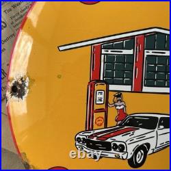 Vintage 1955 Shell Gasoline Station 12 Inch Convex Porcelain Enamel Sign