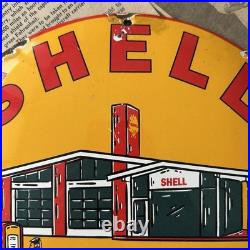 Vintage 1955 Shell Gasoline Station 12 Inch Convex Porcelain Enamel Sign
